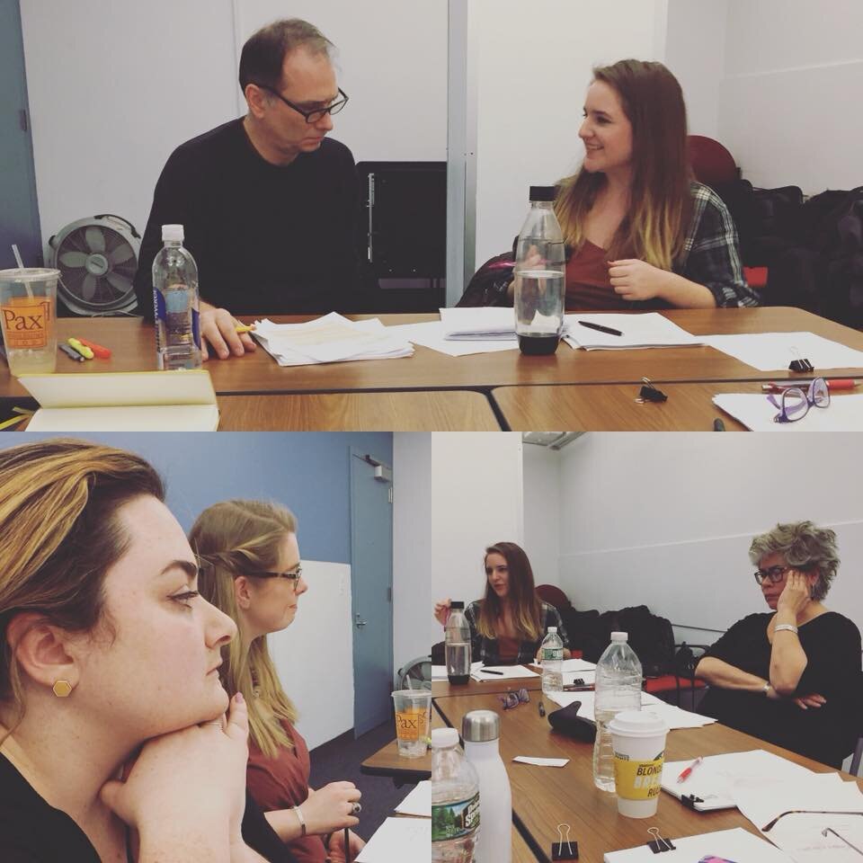 Split image of five people sitting at a conference table with bound papers in front of them