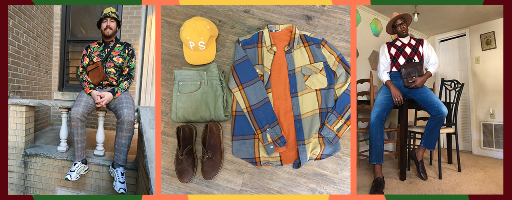 3 menswear photos of man wearing bright, graphic fall outfit, a flat lay of jeans and a flanner and a man wearing an argyle vest and jeans