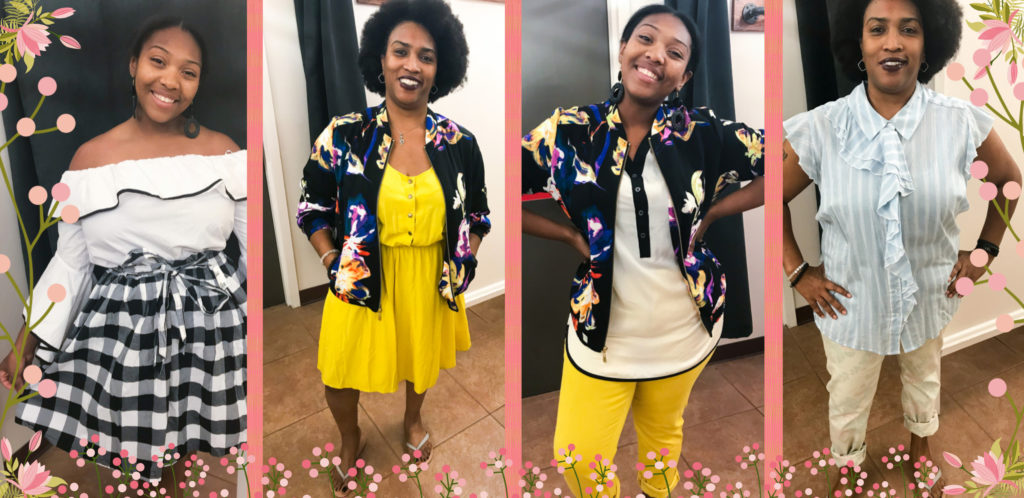 on the Left Aarian is wearing a black and white checkered skirt and a white over the shoulders blouse, Aarian's mom wearing a yellow dress and a floral jacket, Aarian wearing yellow pants, a white blouse and same floral jacket as her mom and Aarian's mom wearing beige pants and a blue and white striped blouse with ruffle detail