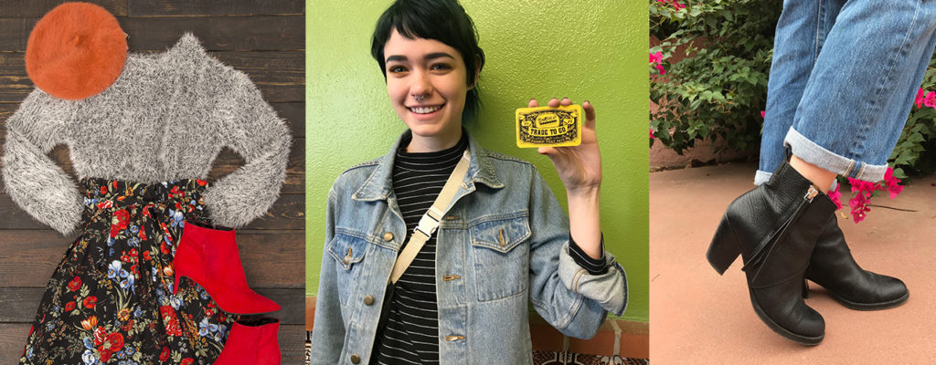 Clothing flat lay, a grey sweater, floral skirt, orange beret and red booties, a person smiling and holding a Buffalo Exchange Tradecard and a closeup of a person wearing cuffed jeans and black ankle boots