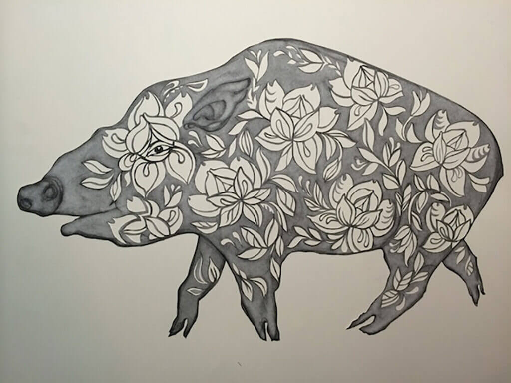 Javalina, Charcoal on cut paper, Racheal Rios