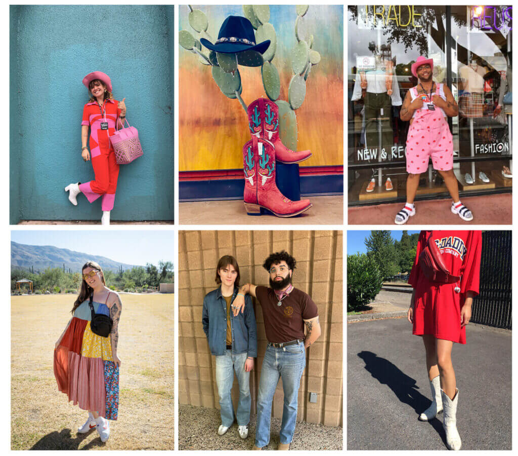 six photos showing western accessories, including: cowboy hats, red saguaro cowboy boots, a man wearing pink overalls with a pink cowboy hat, a patchwork dress, two men wearing denim and bandanas, and a red t-shirt dress being paired with white cowboy boots