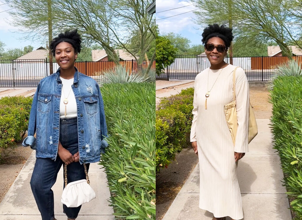 2 images of a person sanding on a sidewalk wearing an all-denim outfit in one and a beige dress in the other