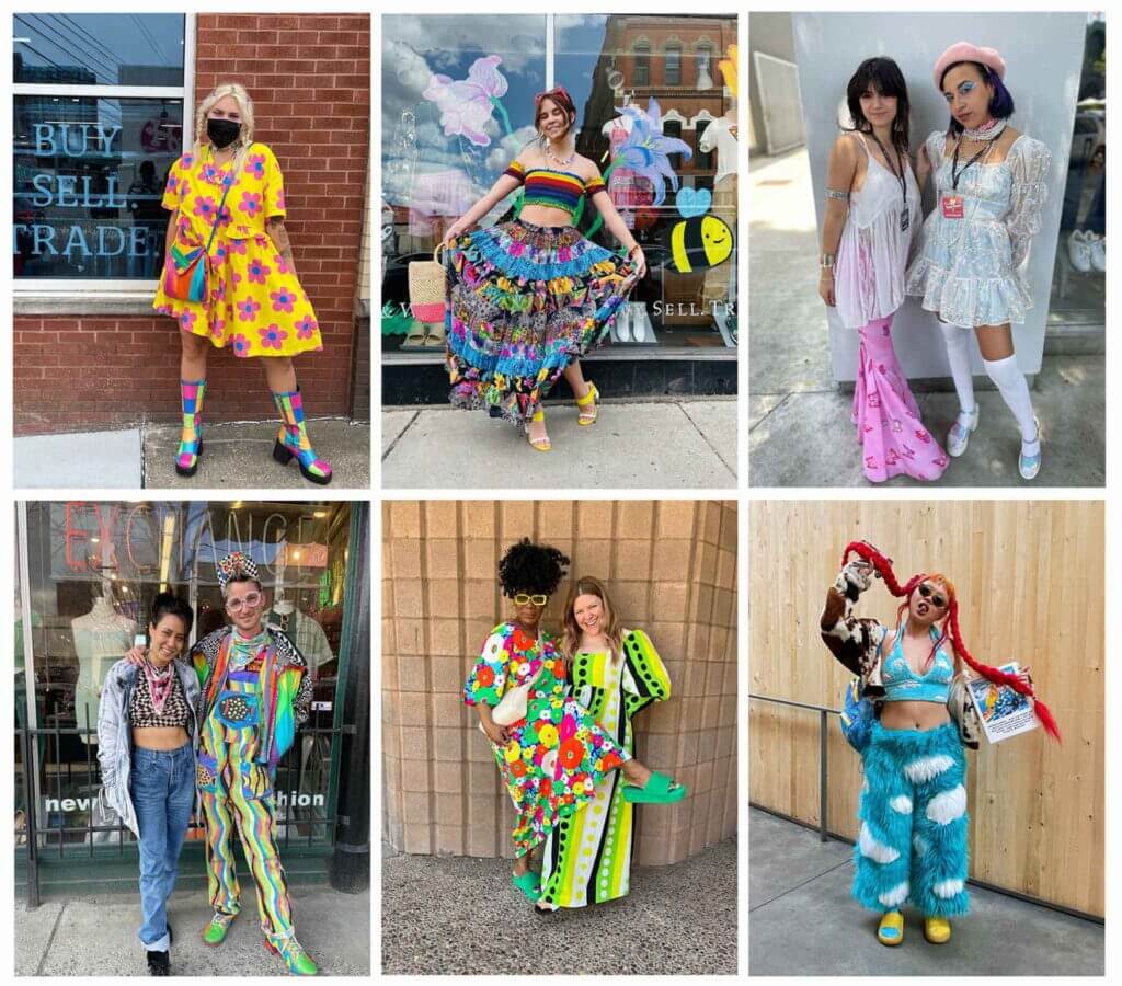 A series of six photos showing brightly colored outfits and accessories; top left: a bright yellow dress with pink flowers, top middle: rainbow crop top and bright floral maxi skirt, top right: lacy outfits paired with butterfly flared pants, bottom left: bold crop top and rainbow overalls, bottom middle: neon floral and neon striped dresses, and bottom right matching fuzzy cloud two-piece set