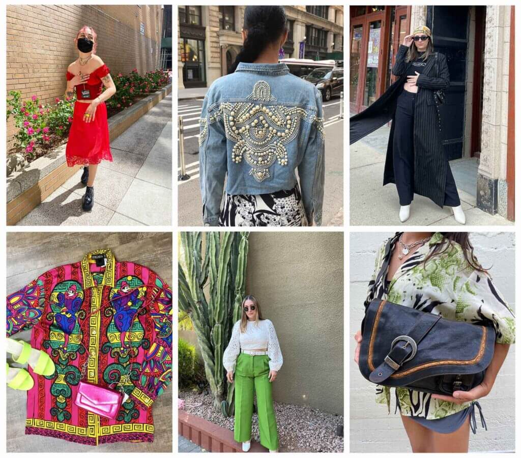 six photos showing tailored, timeless outfits including a red corset top paired with a red slip skirt, a yellow suit, a silk head scarf with vintage glasses and an orange blouse with glass buttons, a brightly patterned vintage silk blouse, statement sleeves with structured pants, and two women wearing trousers paired with a structured shirt and a collar