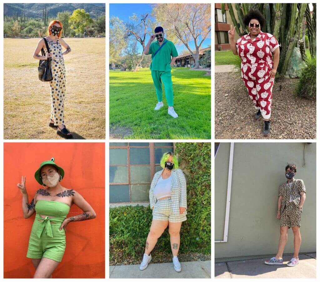 six photos showing jumpsuits; top left: floral two piece, top middle: two piece green set, top right: strawberry jumpsuit, bottom left: green one piece jumpsuit, bottom middle: two piece gingham jacket with shorts, bottom right: two piece leopard set with leopard tie