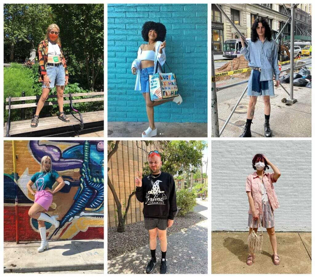six photos showing people wearing longer length shorts; top row is three denim mid-length shorts, and bottom row shows pink shorts, grey gender-neutral shorts, and striped cargo shorts