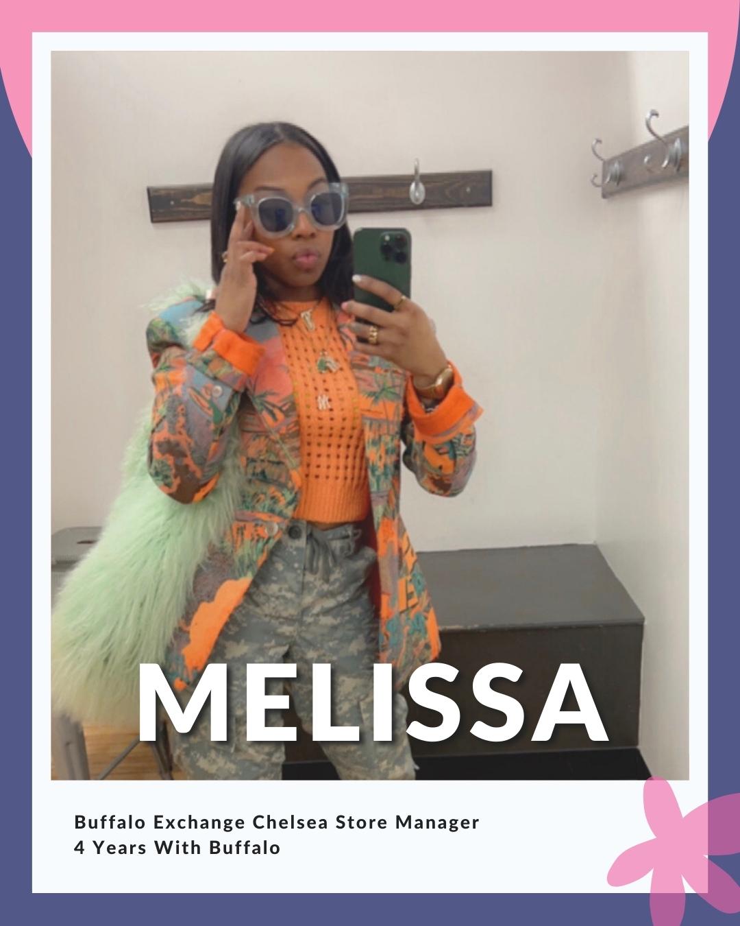 Melissa taking mirror selfie; reads Buffalo Exchange Chelsea Store Manager - 4 Years With Buffalo