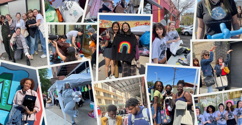 A collage of photos from the Earth Day $1 Sale featuring shoppers and employees