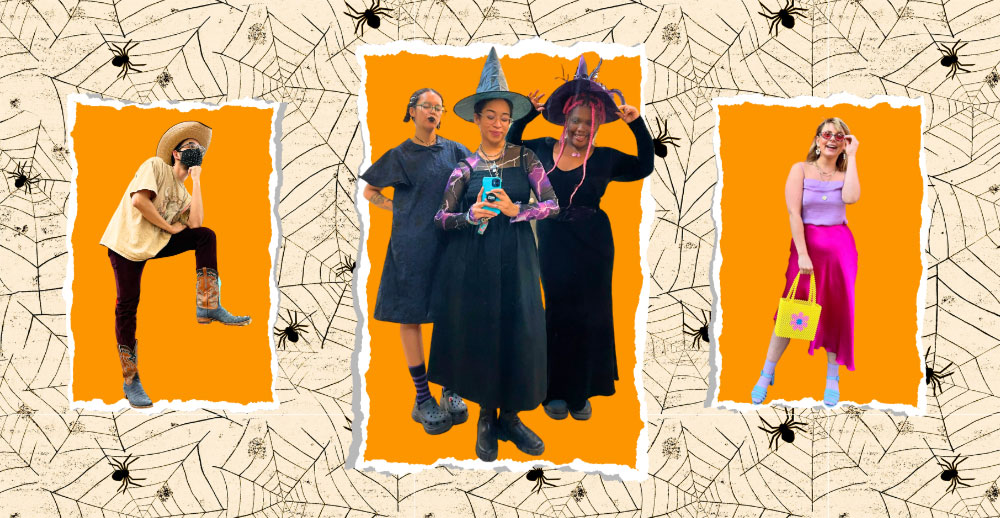 Collage image of easy and quick cowboy, witch coven and barbie costumes