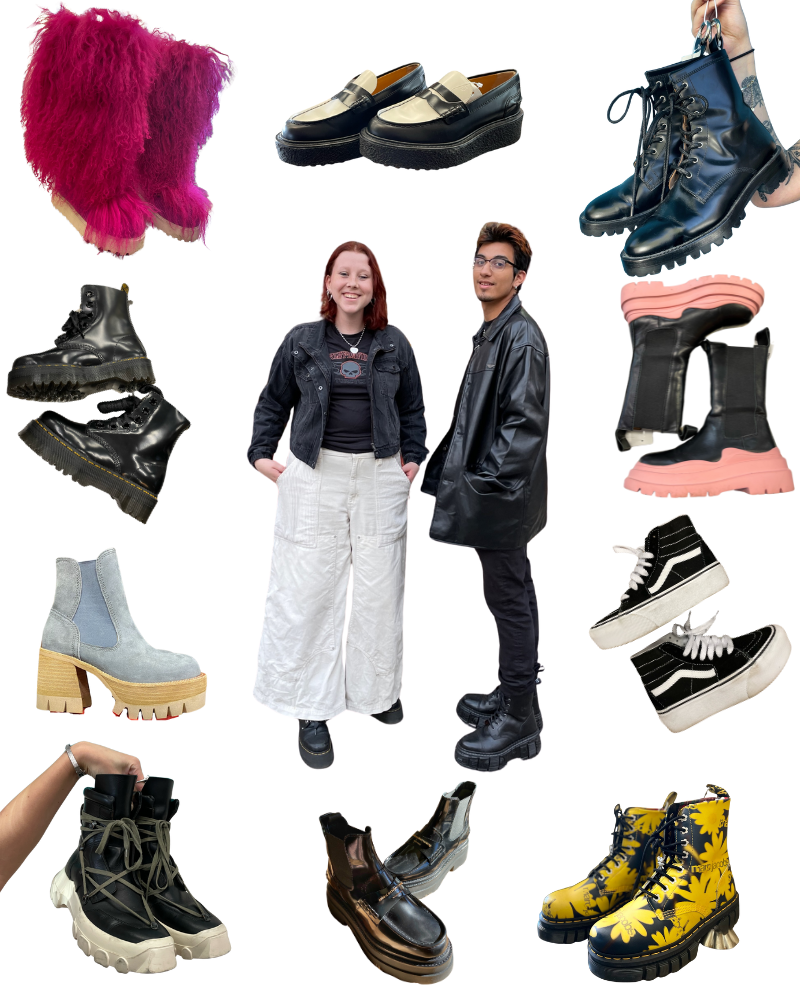 Collage of people wearing platform boots surrounded by platform shoes 