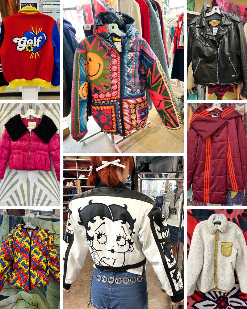 Photo collage of brightly colored fall and winter jackets