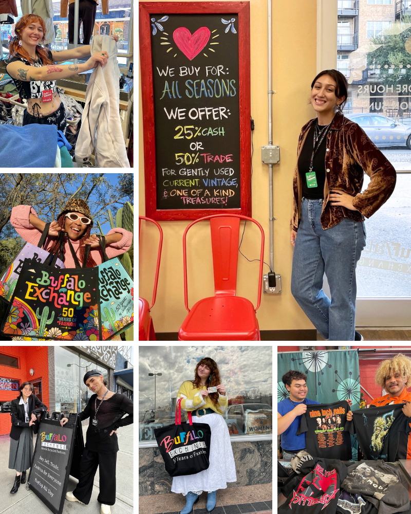 Collage of smiling Buffalo Exchange customers and employees