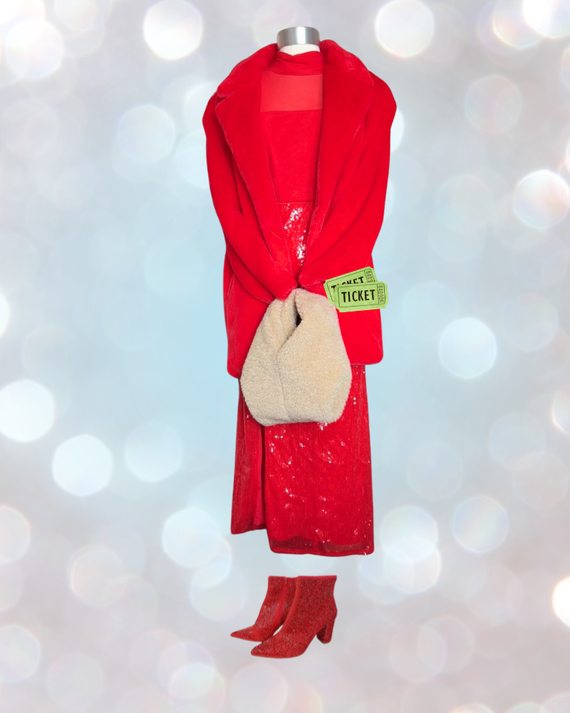 Mannequin holding theatre tickets and fuzzy bag wears all red outfit