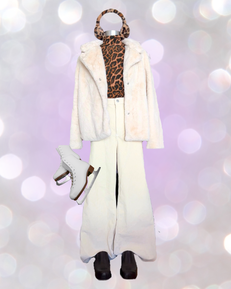 Mannequin holding ice skates wears cream outfit with leopard print earmuffs