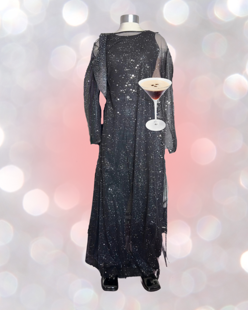 Mannequin holding espresso martini wears sparkly black outfit