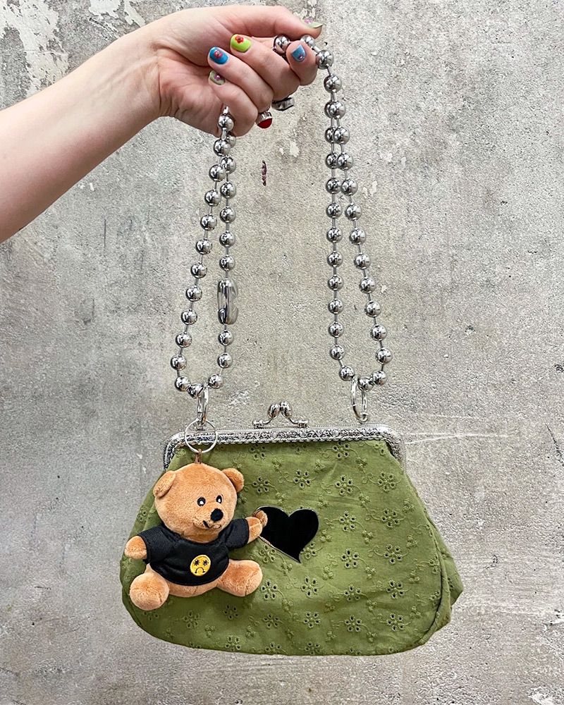 Blog-6-Edited Small olive green handbags with a plush teddy bear charm