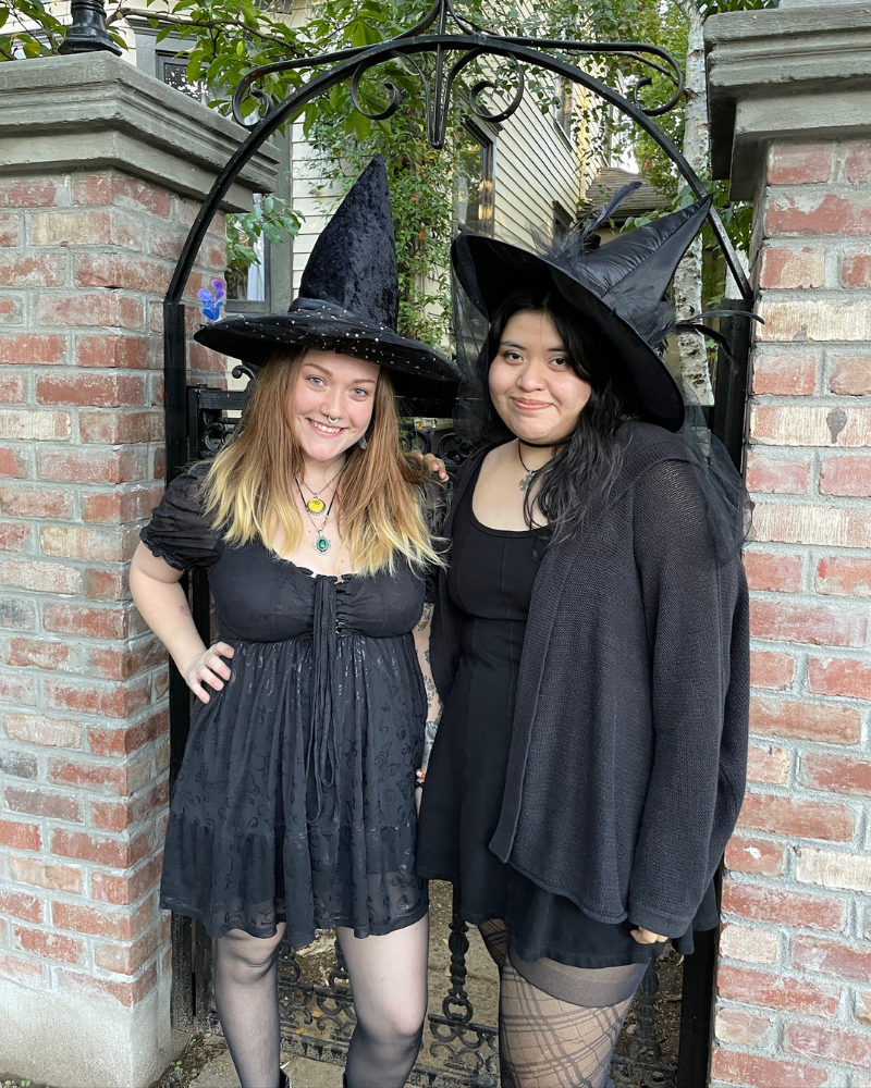 traditional monochromatic black and pointed hat witch Halloween costumes