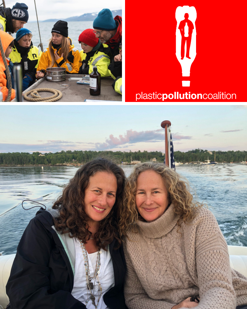 Collage image of schoolchildren learning on boat, two women smiling on a boat and Plastic Pollution Coalition's logo of a man within an upside down plastic bottle